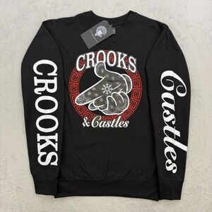 Crooks Castles Sweatshirt Mens Medium Black Graphic Sleeve Print Streetwear NEW